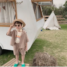 Humor Bear/Коллекция года, Модная хлопковая и льняная одежда в Корейском стиле для мальчиков, комплекты детской одежды из 2 предметов: однобортная рубашка+ шорты