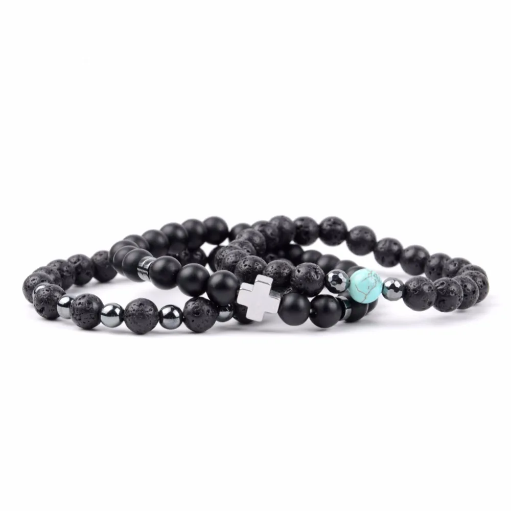 Drop Shipping 3pcs Christian Bracelet Sets Natural Stone Black Lava Turquoises Beads Cross Charm Bracelets For Women Men Jewelry Fashion Jewelry