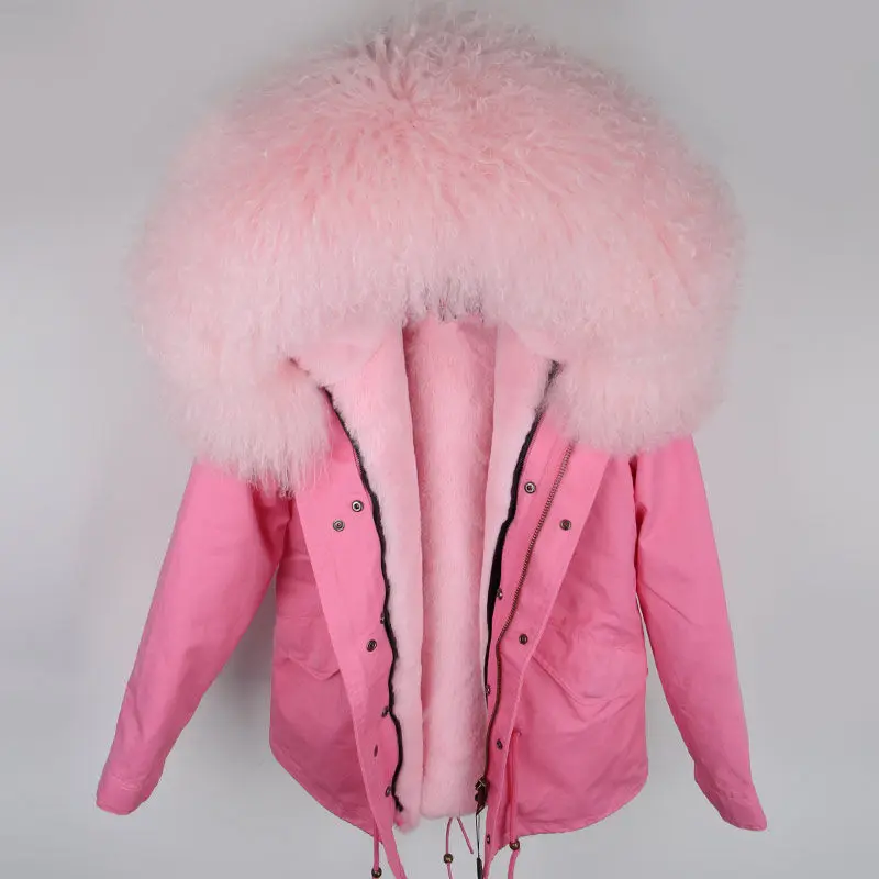 Зимняя женская куртка, парка, пальто из натурального меха, парки из натурального меха монгольской овцы, Толстая теплая Роскошная съемная верхняя одежда, уличная одежда - Цвет: pink pink
