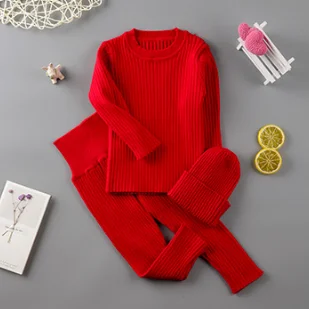 3 шт./компл. Демисезонный Зимняя одежда для маленькой девочки, вязаный свитер в рубчик, Свитера для мальчиков брюки Шапки Детская одежда От 0 до 2 лет - Цвет: red 3pcs