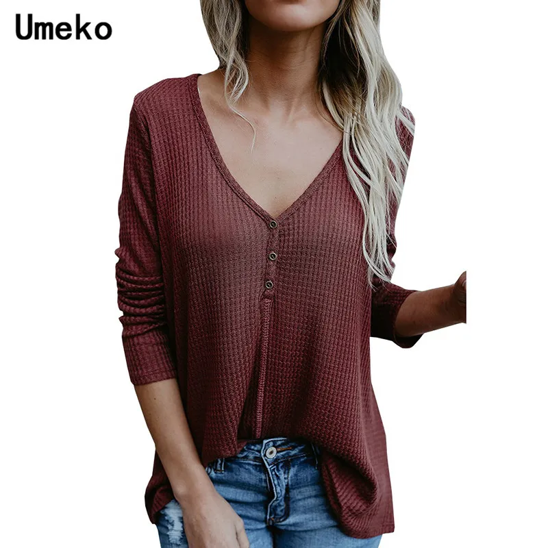 

Umeko Fashion Women Sweaters and Pullovers Solid Color Casual Cotton V-Neck Femal Tops Feminino Ropa