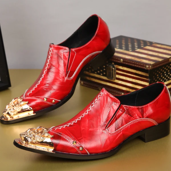 

Plus Size 38-46 Red Wedding Shoes for Men Fashion Gold Dragon Embroidery Genuine Leather Dress Shoes Men Carving Bullock Shoes
