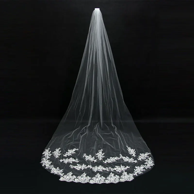 Schönheit-Emily Hochzeit Zubehör Appliques Tüll Lange Kathedrale Hochzeit Schleier Spitze Rand Braut Schleier mit Kamm Heißer verkauf 2018