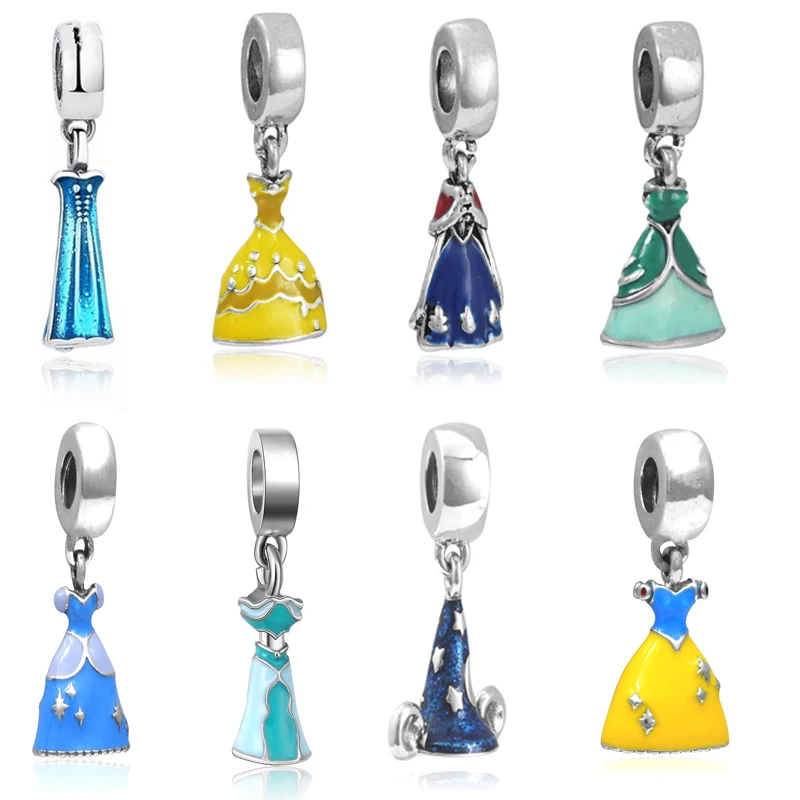 European Style Fashion Jewelry Sliver   Charm Pendant Princess Dress Beads Enamel Charms Fits Pandora Snake Chain Accessories