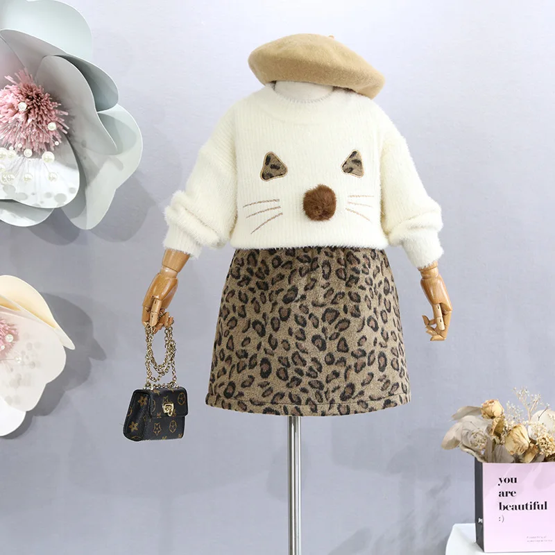 

Children's cat sweater two-piece autumn and winter clothing 2018 new girls set children's fashion leopard short skirt tide