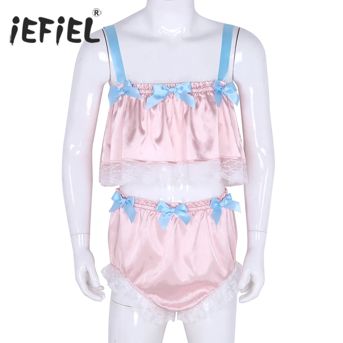 

Mens Sissy Lingerie Set Sexy Gay Panties Soft Silky Satin Lace Spaghetti Strap Sleeveless Crop Top with Bikini Briefs Underwear
