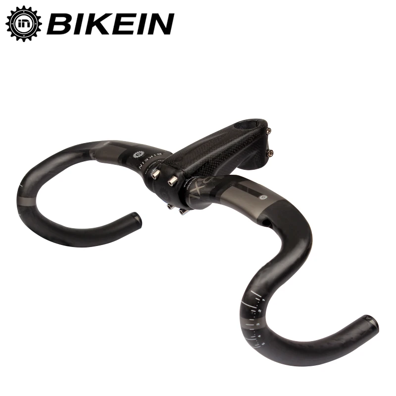 

BIKEIN - Road Bicycle Handlebar Set Professional Cycling Bike Ultralight UD Carbon Bent Bar + 3k Carbon Stem Matte Black 380g