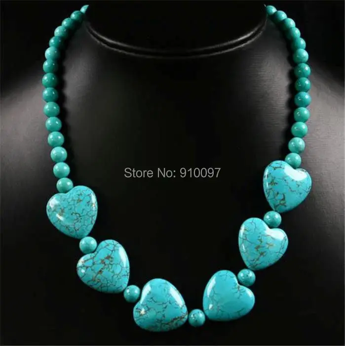 

free shipping >18" Howlite Turquoise Gems Heart Pendant Beads Necklace