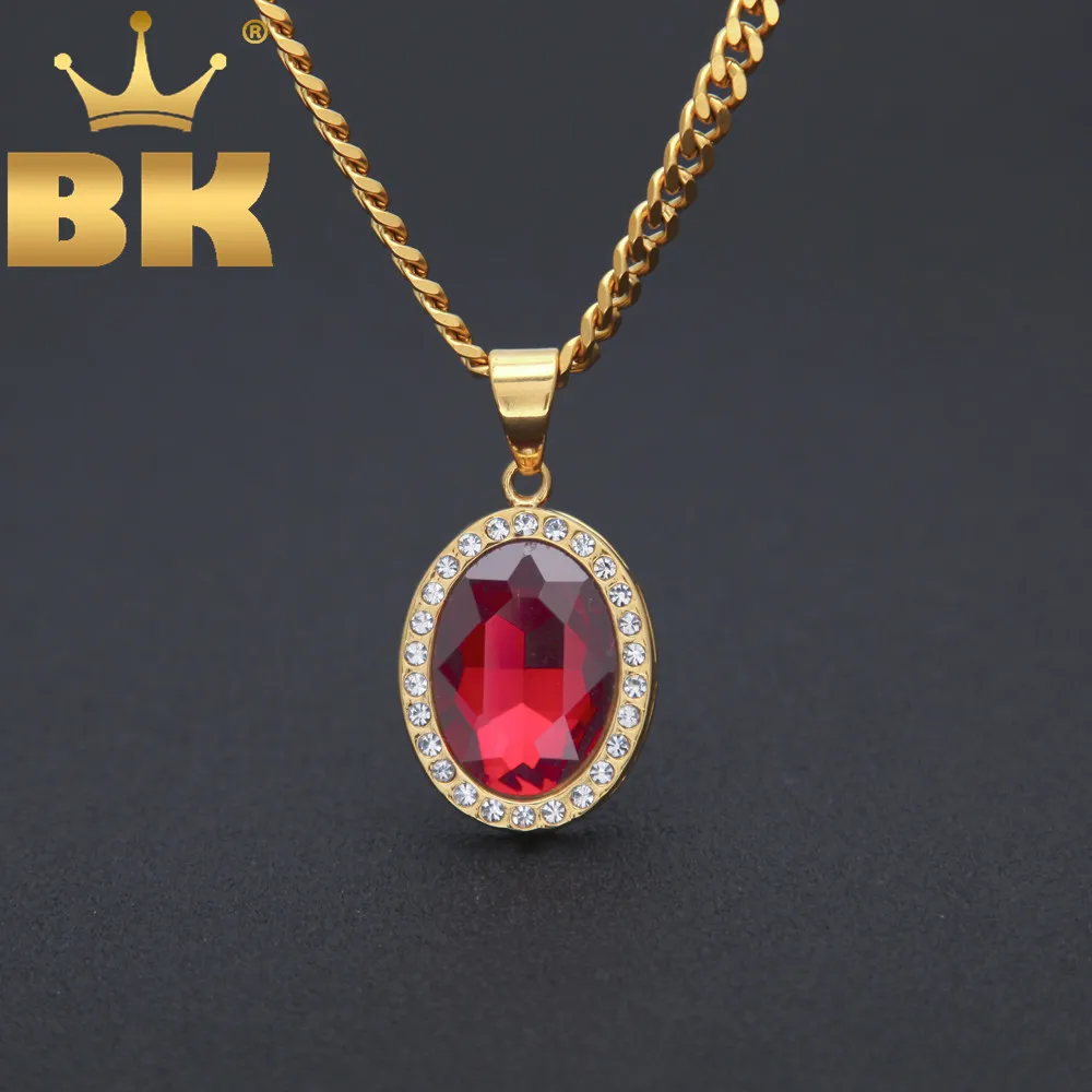 Oval Gold Red Crystal Gem Pendant Fashion Full Iced Out Rhinestones