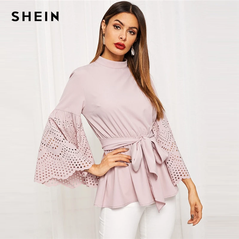 

SHEIN Pink Laser Cut Trumpet Sleeve Drawstring Blouse Women Spring Flounce Sleeve Solid Casual Office Lady Tops and Blouses