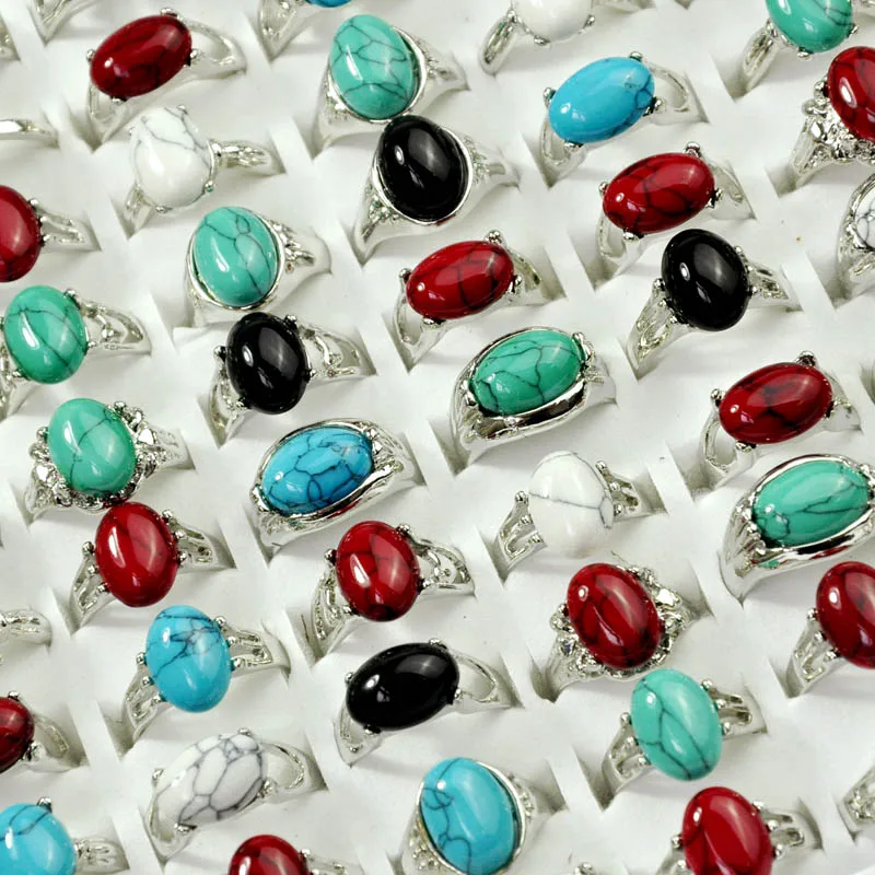 

50pcs Mix Lot Women Turquoises Natural Stone Rings Women's Ring Fashion female anel Jewelry Lots Bague Free Shipping LR4056