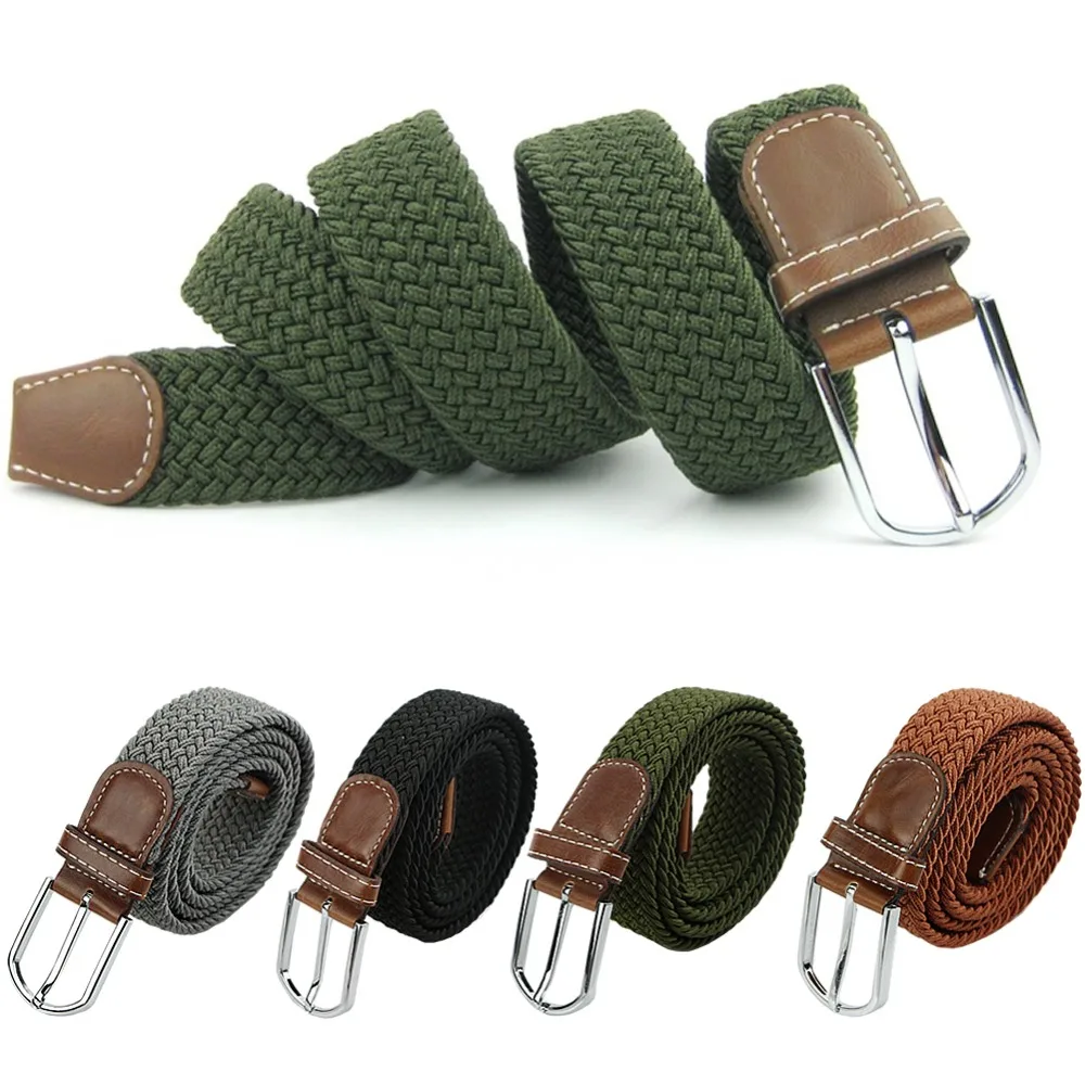 

Mens Woven Stretch Braided Elastic Leather Buckle Belt Unisex Waistband Belts Army Green/Black/Gray/Brown #