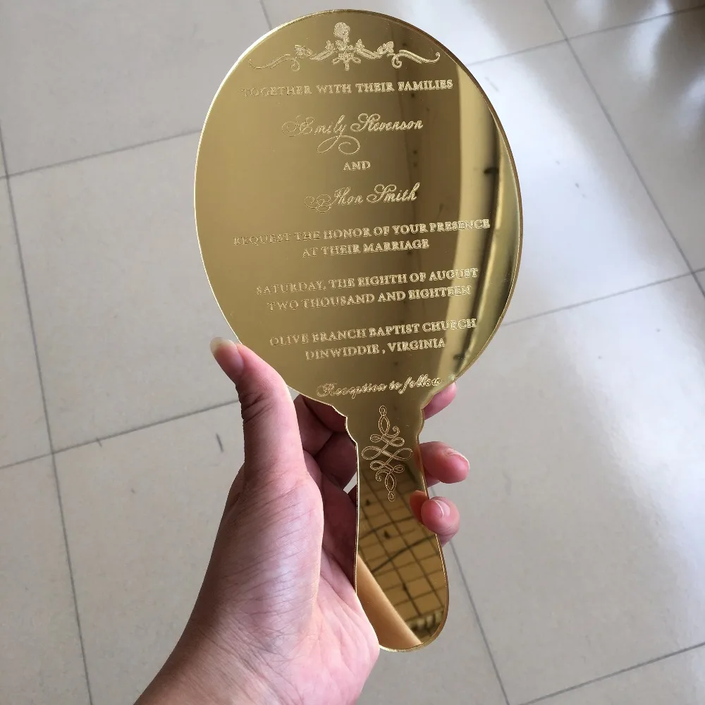 Personalizzato Vintage Mano uno Specchio Forma D oro Specchio Acrilico Carta Dell invito di Cerimonia Nuziale Partito Invito Carta 100 pz Per Lotto in