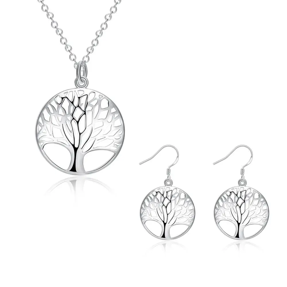 

Wisdom Tree Necklace Earrings 925 Sterling Silver Tree of Life Pendant Necklace and Earrings Christmas Gifts Jewelry Set