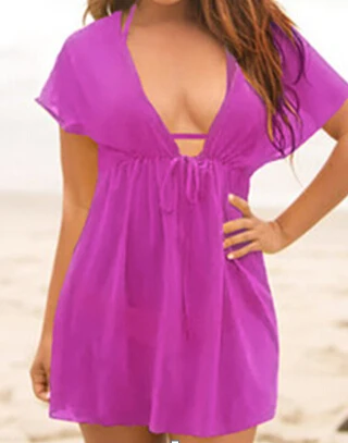 Sexy Solid Bikini Covery Ups Beach Dress Women Ladies Short Sleeve Kaftan Sarong Summer See Through Swimwear Swim Sundress 2020 beach maxi dress with sleeves Cover-Ups