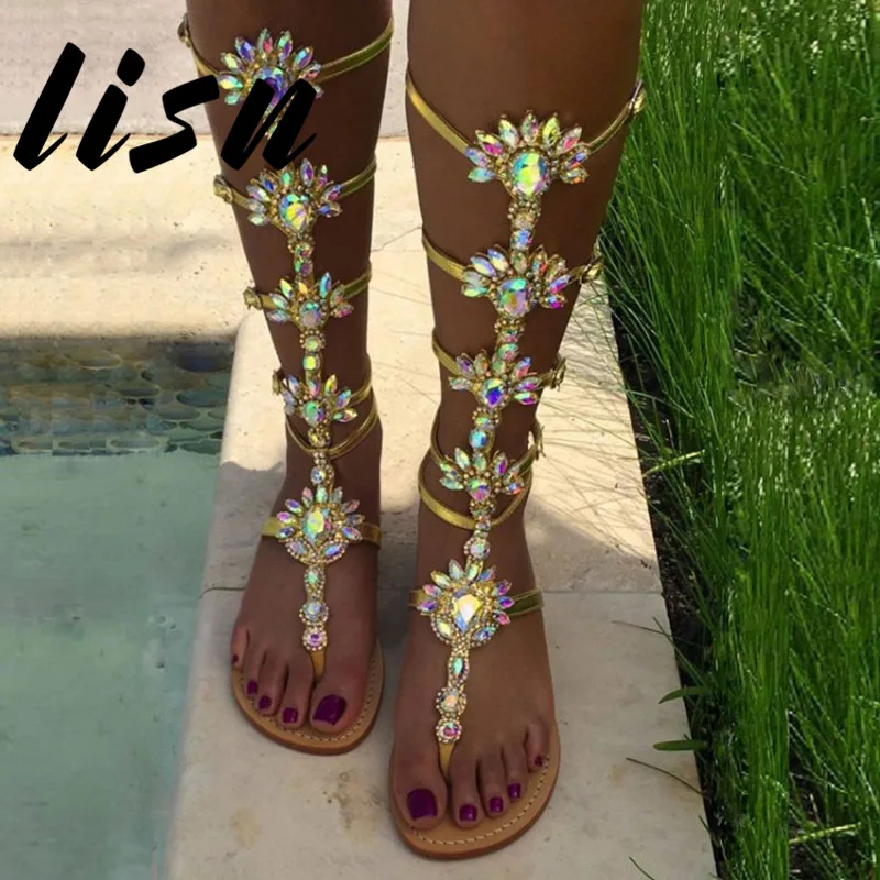

LISN New Sexy Crystal Floral Women Spring Summer Sandals Sexy Open Toe Buckle Strap Flats Sandals Shoes Women