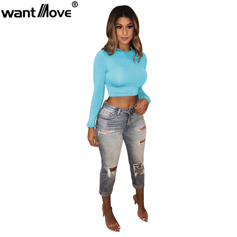 

Wantmove 2019 Europe and American new spring bottoming top solid color sexy 0-neck long sleeve lumbar slim top WM548