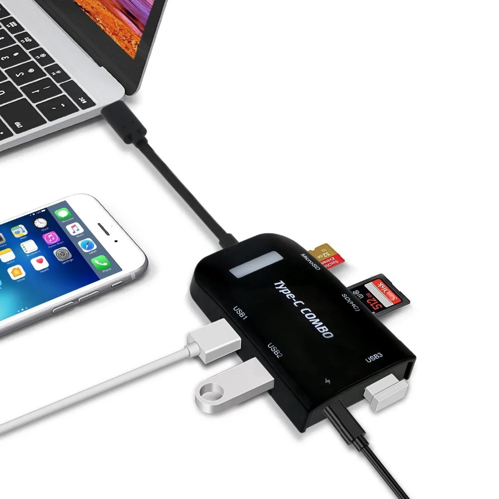 USB C концентратор, leadzoe USB 3,1 Тип C Hub конвертер с 3 USB 3,0 хаб Порты и разъёмы и SD/Micro SD Card reader и Тип C 3,1 зарядки Порты и разъёмы адаптер