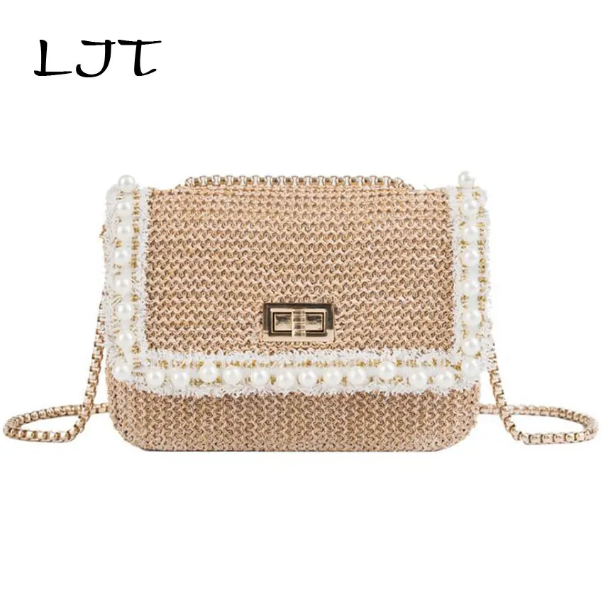 

LJT Mini Summer Women Shoulder Bag Hand Made Exquisiteness Straw Bags Pearl Woven Bag Female 2019 Fashion Chain Small Beach Bag