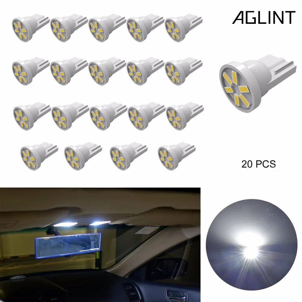 

AGLINT 20pcs Automotive LED Interior Lighting T10 W5W 2825 168 194 3014SMD 6Chips For Instrument Side Marker Lights White 12V