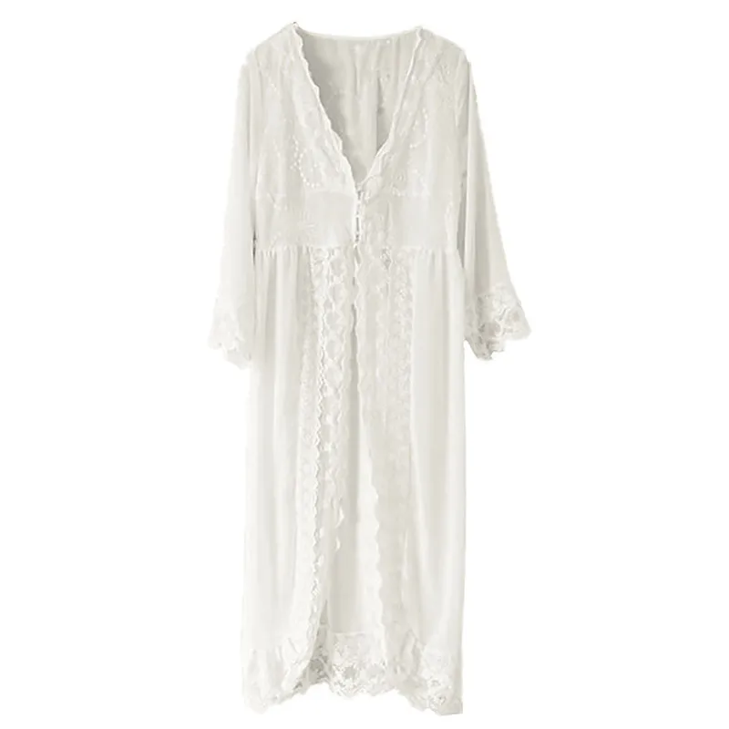 

2pcs Vintage Women Sexy White Lace Court Dress Chiffon Long Nightgown