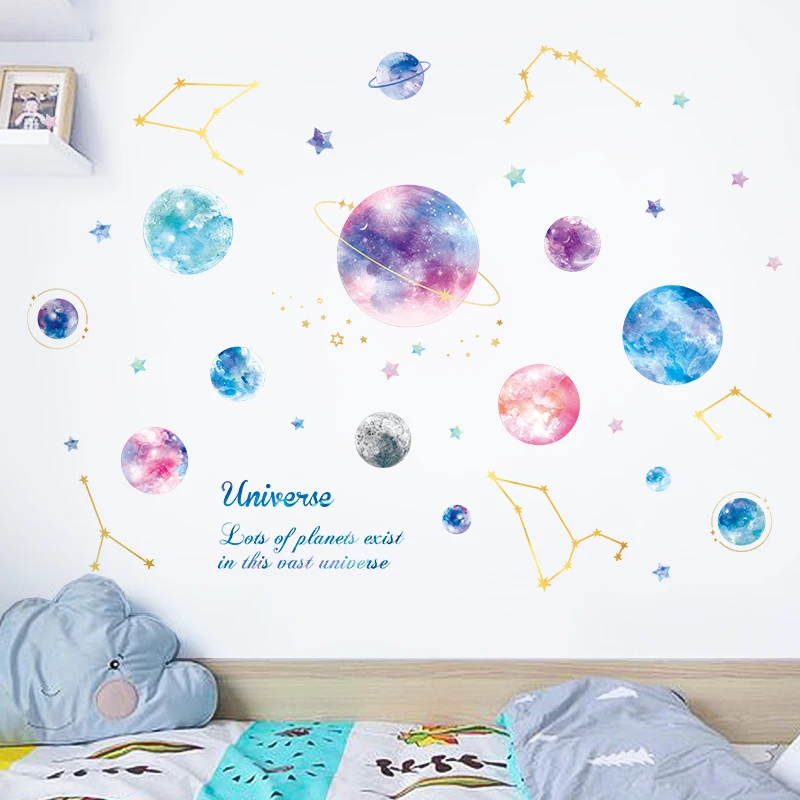 

Watercolor universe starry sky planet Wall stickers kids room study ceiling decoration self-adhesive decals fantasy home sticker