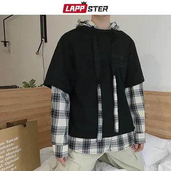 

LAPPSTER Harajuku Plaid Hoodies 2020 Hip Hop Patchwork Hooded Hoodie Sweatshirts Men Korean Black Sweatshirt Fake Two Pieces 5XL
