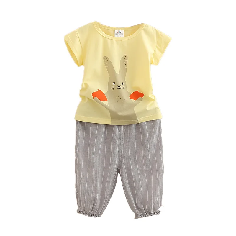 

Baby Girl's Summer Clothing Sets Child Kids Girl Cartoon Rabbit Pattern Short Sleeve T-shirt and Stripe Knee Length Pants