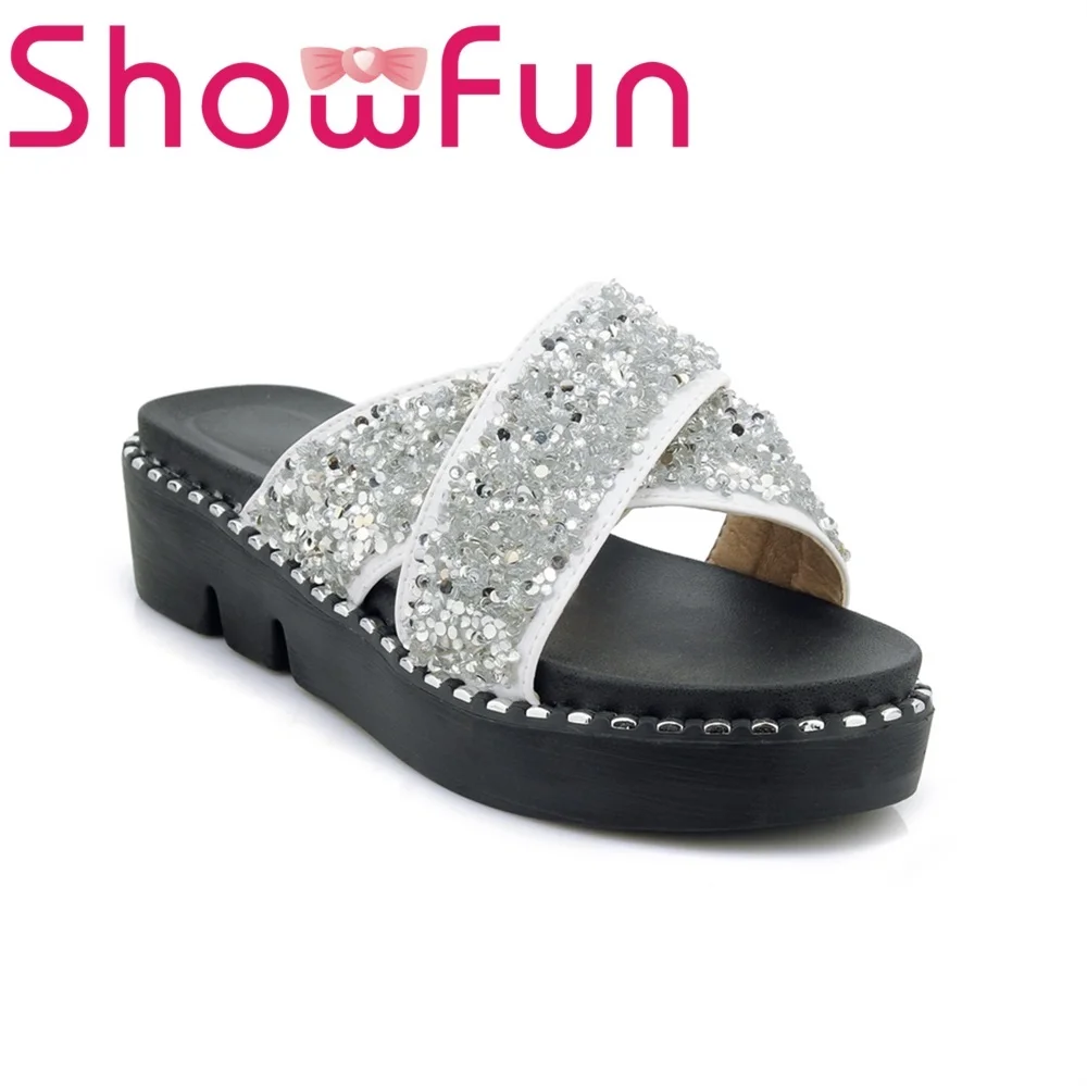 Showfun микрофибры обувь Летняя женская снаружи в горошек bling на плоской платформе