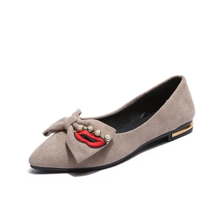 

2018 spring and summer new sexy red lips embroidered pearl flat with a single woman shoes beaded bow flat shoes