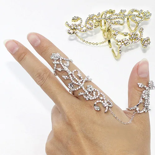 New Fashion Accessories Chain Link Full Rhinestone Vintage Flower Double Finger Ring For Women Girl Nice Gift Party Jewelry