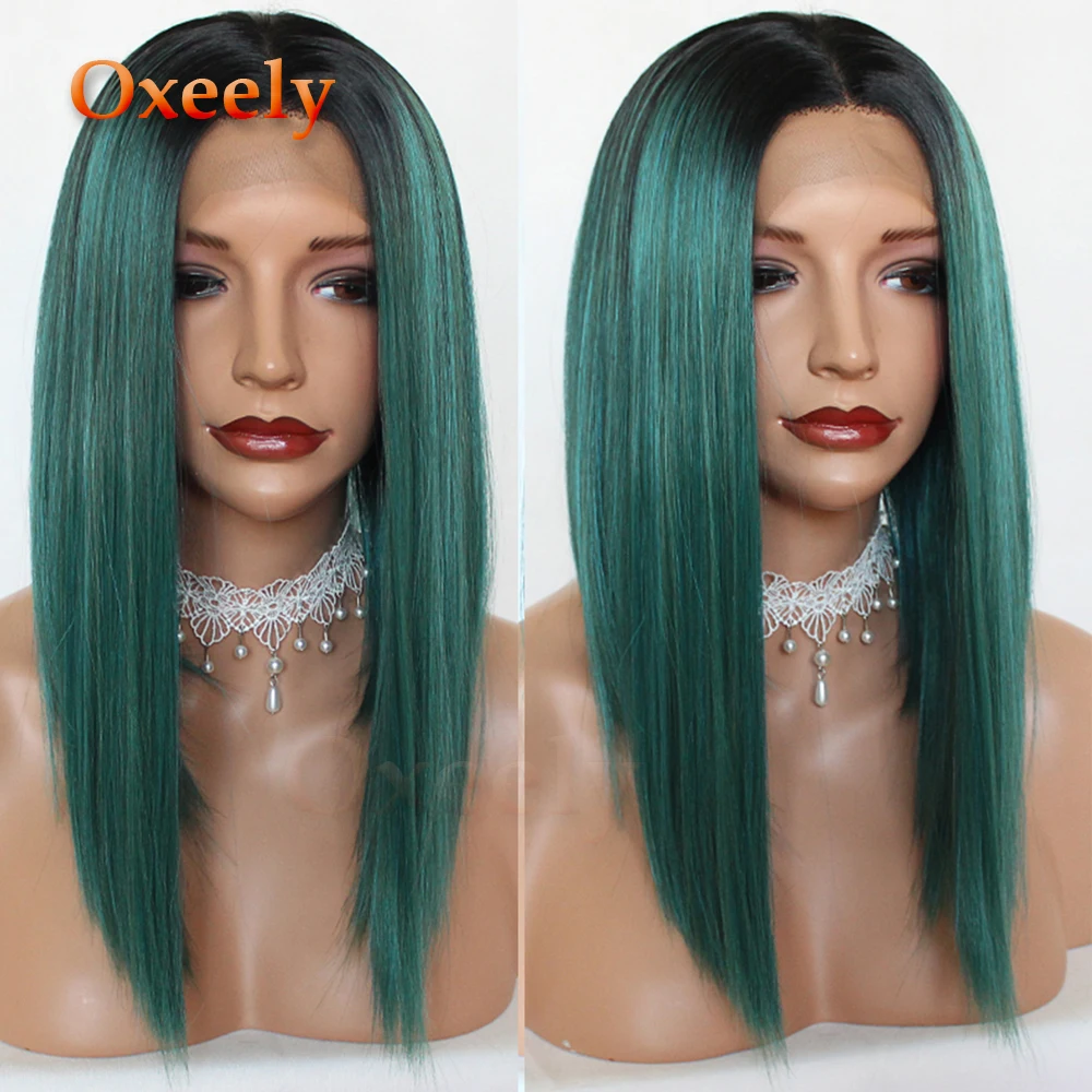 

Oxeely Bob Cut Hair Synthetic Lace Front Wigs Green Ombre Two Tone Short Hair Bob Hair Natural Hairline Fiber Hair for Women