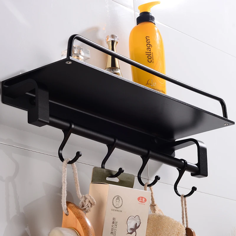 Bathroom Shelves Shower Storage Rack Aluminum Black Bathroom Shampoo Shelf Organizer with 4 Hooks Wall Mounted Toilet Racks
