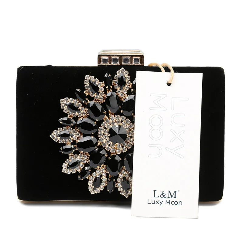 Luxy Moon Sparkling Floral Black Velvet Clutch Bag Snap Front View