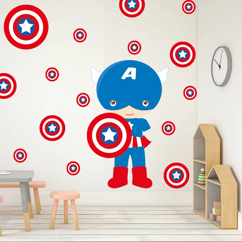 Cartoon Super Hero Bat Spider Man Wall Decal Room Decor American Captain Stickers for Nursery Children's Kids Bedroom Home Mural