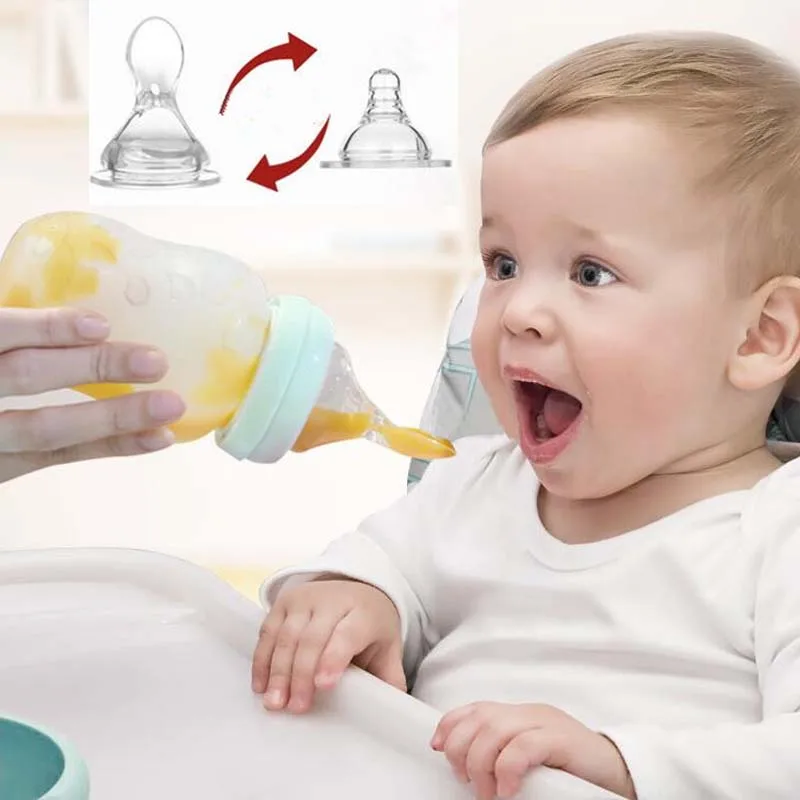 Младенческая силикагелевая бутылочка для кормления с ложкой для новорожденных детей, добавка для еды, рисовые бутылки с зерном и молоком, 2 использования в 1