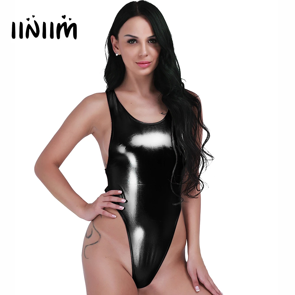 iiniim Womens Metallic One Piece Bodysuit Swim Leotard Dance Blouse Top