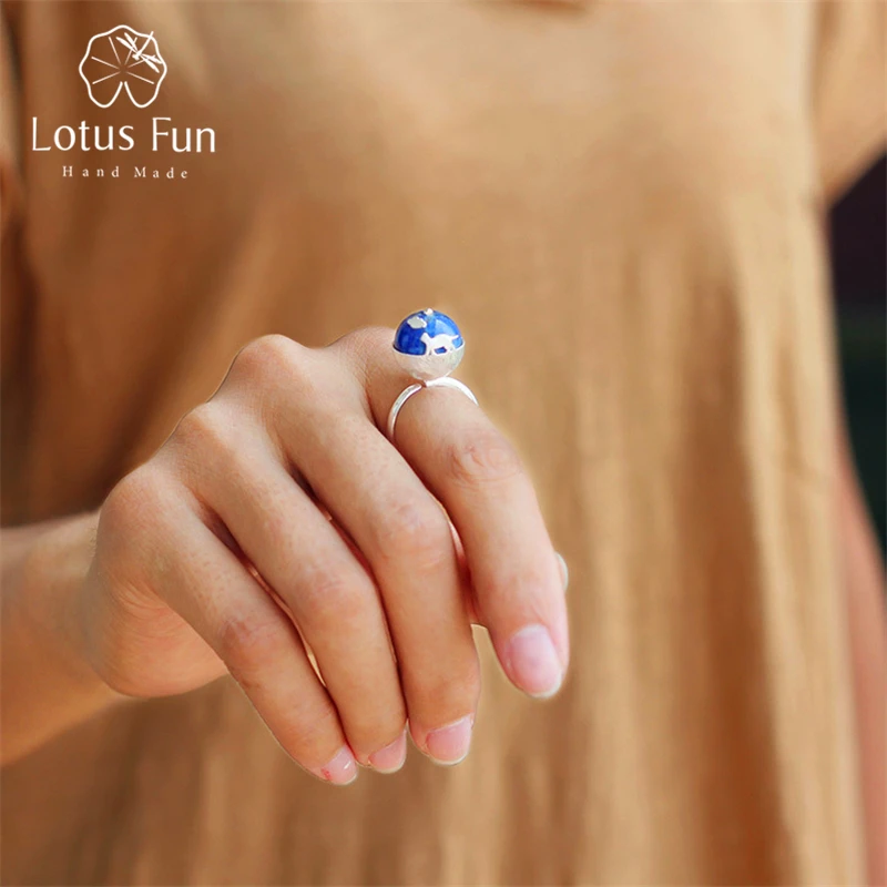 Lotus Fun Real 925 Sterling Silver Rings pro ženy Přírodní Lapis Stone Ručně vyráběné designéry Jemné šperky Kočičí sny Dámské prsteny