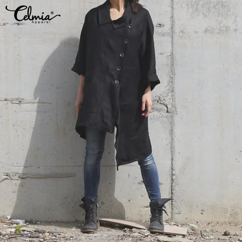 

Plus Size Vintage Tops Women Cotton Blouses Celmia 2019 Autumn Long Sleeve Coats Asymmetrical Solid Long Shirts Blusas Femininas