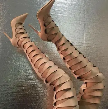 

Sexy Point Toe Cut Outs Side Women Over The Knee Boots Suede Leather Ladies High Heel Thigh Boots Lace Up Back Summer Boots