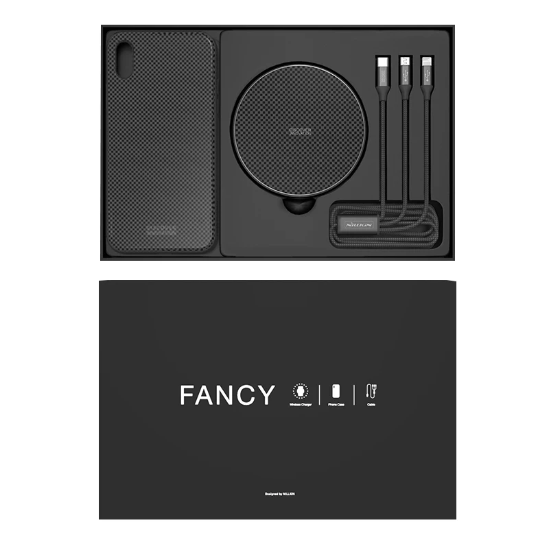 

Wireless Charger Set For iPhone Xs max Nillkin Fancy Gift Set Case Cable Charger 3 in 1 Glass Back Cover Case For iPhone XsMax