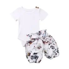 Одежда для новорожденных девочек, короткий рукав, комбинезон, штаны с бантиком, Комплект Одежда, летняя одежда