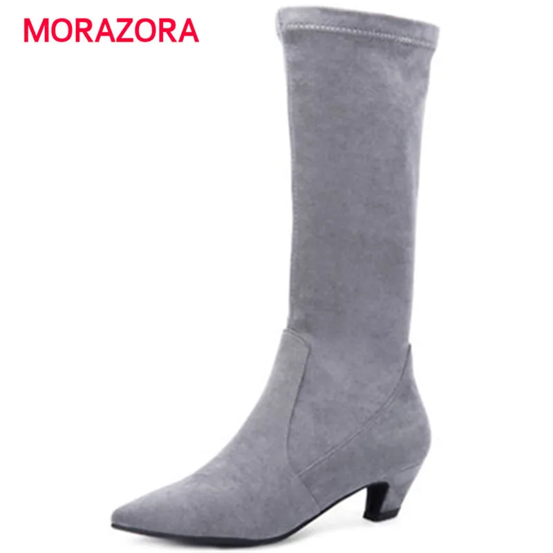 

MORAZORA 2018 new autumn winter faux suede leather boots fashion pointed toe med heel women boots short plush mid calf boots