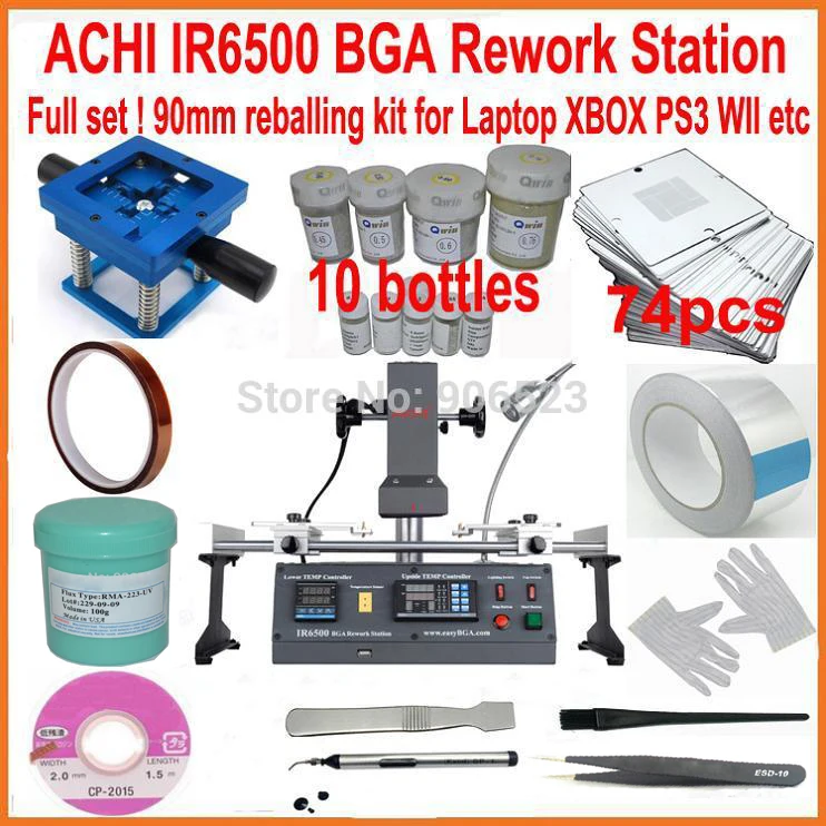 

Original ACHI IR6500 BGA soldering station + Professional 90mm 74pcs stencils bga reballing kit solder ball 20 gift