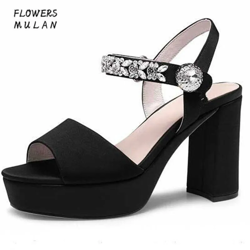 Black Nude Flock Upper Lady Sandals Shoes Summer Peep Toe Front & Rear Strap High Chunky Heels Shoes Crystal Diamond Buckle Girl