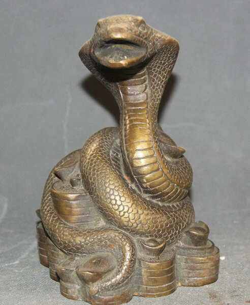

bi003603 9' Chinese Feng Shui Bronze Zodiac Year Eye Snake Wealth Money Statue Sculpture
