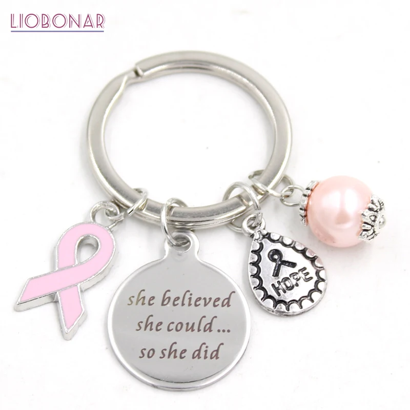 

1PC New Arrival Stainless Steel Key Ring Keychains Breast Cancer Awareness Pink Ribbon Keychain Keyring Gifts for Women Jewelry