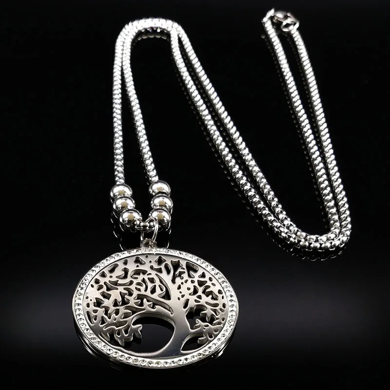 

2018 Long Tree of life Stainless Steel Necklaces Pendants With Crystal Jewlery Silver Color Necklaces Jewelry bijoux femmeN18059