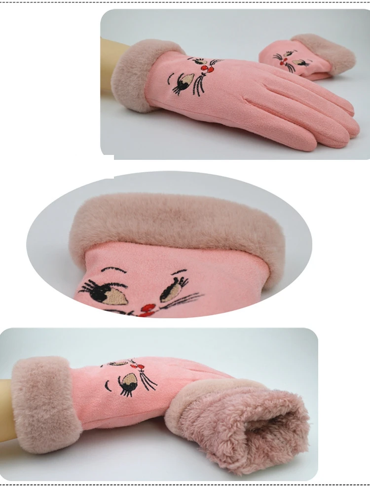 Зимние перчатки для женщин, двухслойные бархатные женские перчатки, замшевые Мультяшные теплые зимние толстые рукавицы с сенсорным экраном для женщин