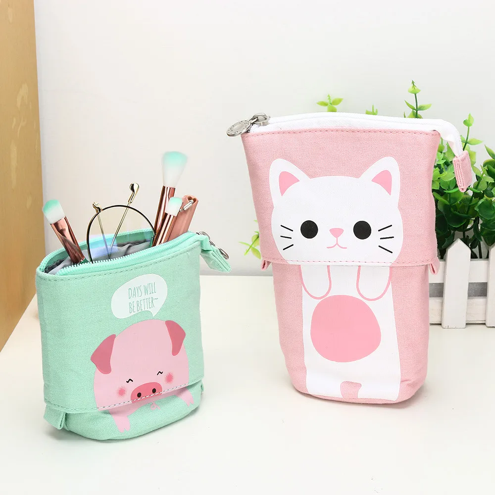 

1PC Store Pen Pencil Bag Case Box Cartoon Cute Cat Telescopic Canvas School Stationary Receive Makeup Pouch Cosmetics Case #EW